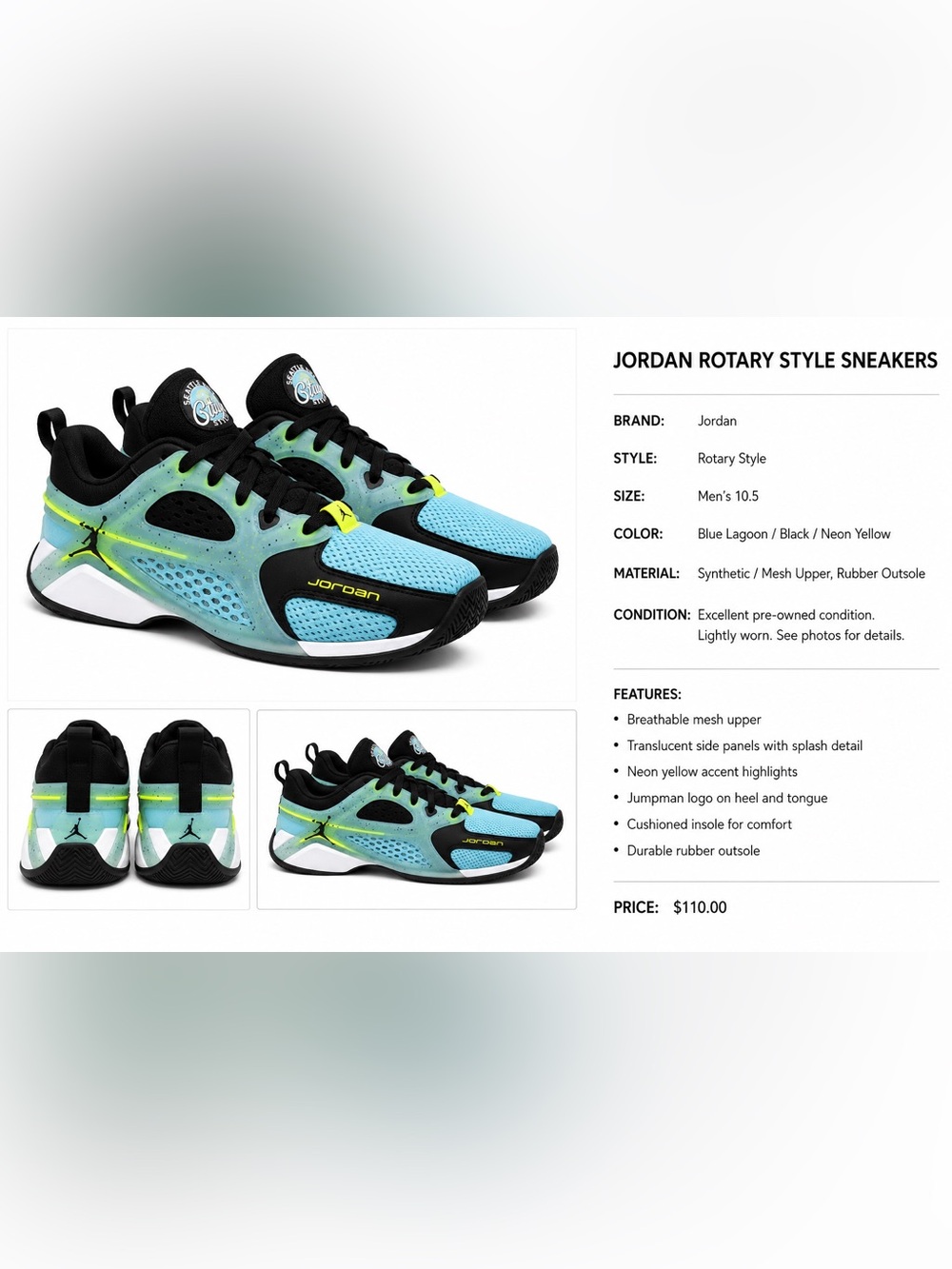 Jordan MENS Blue Lagoon & Black Sneakers with Neon Yellow Accents